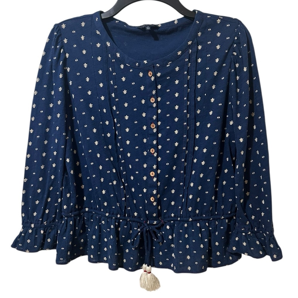 LUCKY BRAND navy blue and tan aztec print peplum top 100% cotton sz Medium